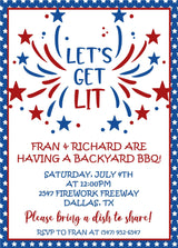 Red blue fireworks Independence Day backyard party invitation