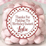 Red cherry birthday sticker with patterned cherry border