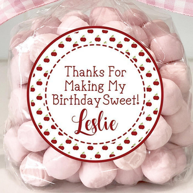 Red cherry birthday sticker with patterned cherry border