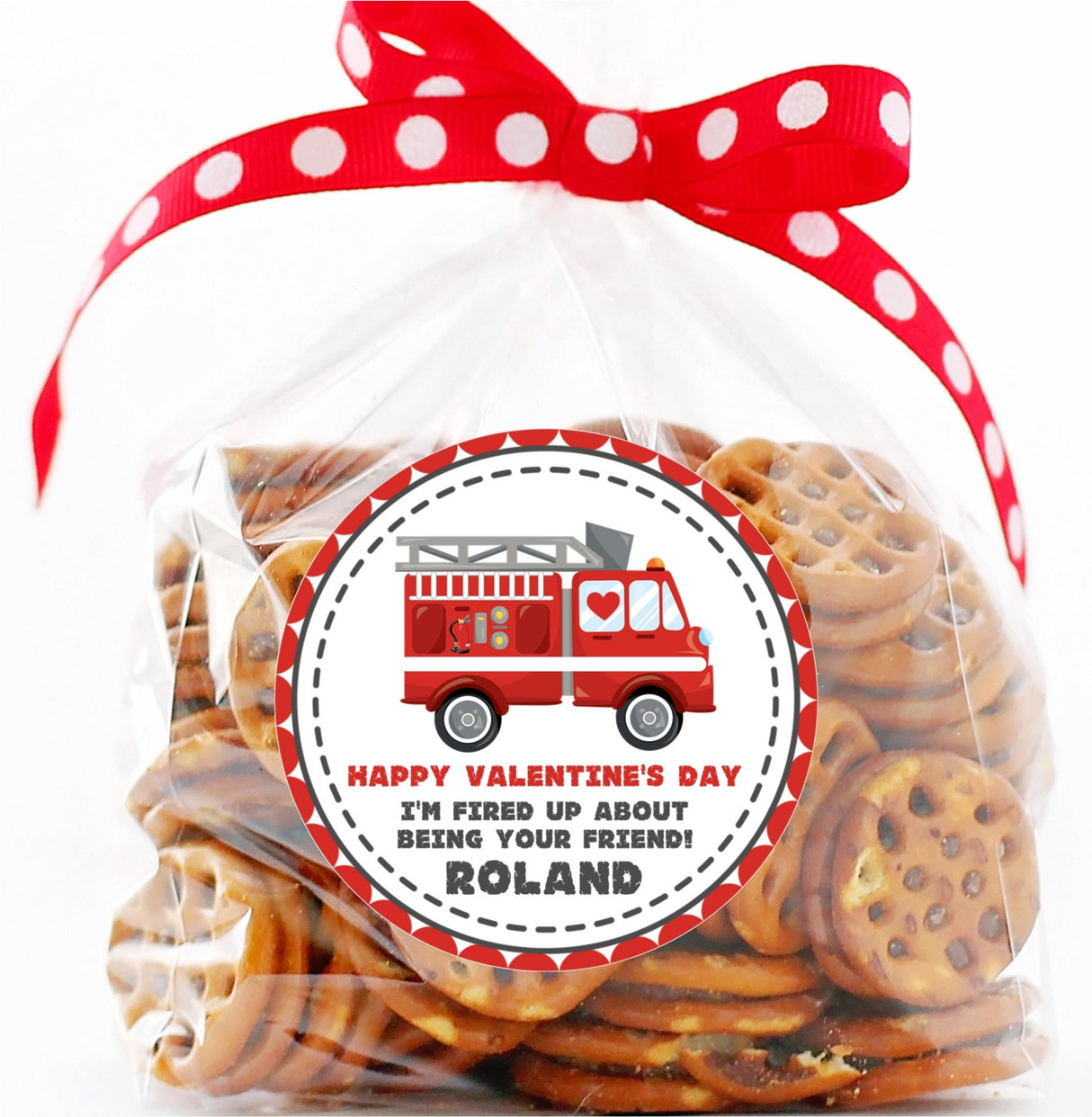 Red fire truck themed Valentine sticker design