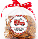 Red fire truck themed Valentine sticker design