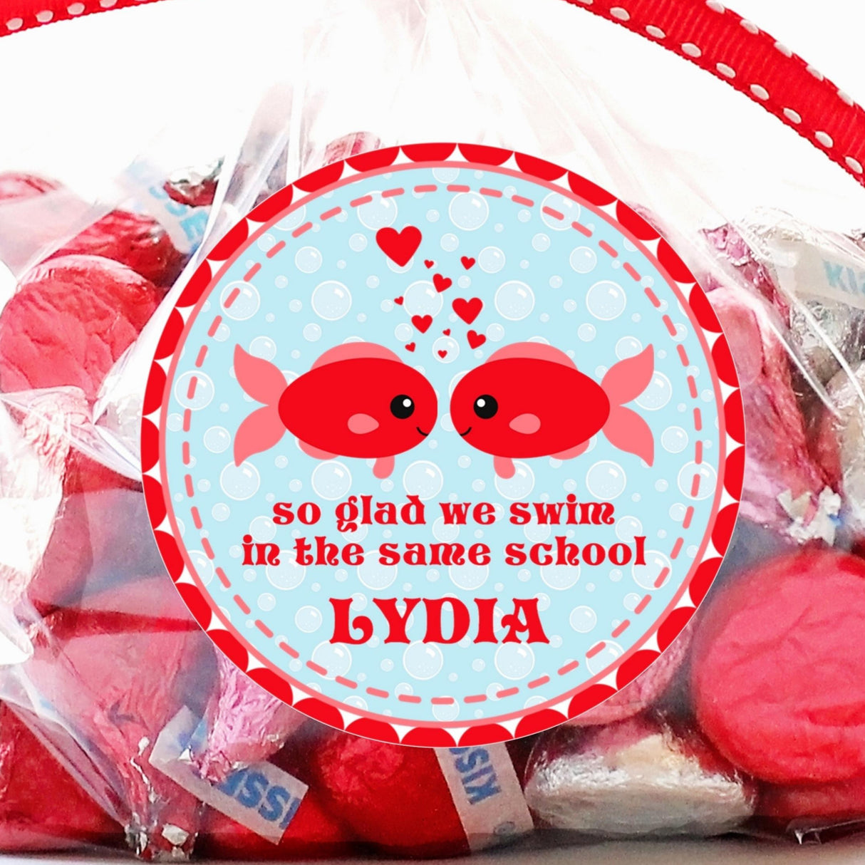 Red fish personalized Valentine sticker for kids classroom exchange