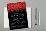 Red glitter graduation party invitation with confetti design on black background