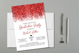 Red glitter graduation party invitation with confetti design on white background