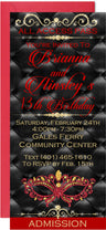 Red masquerade ticket invitation featuring decorative mask and admission pass design