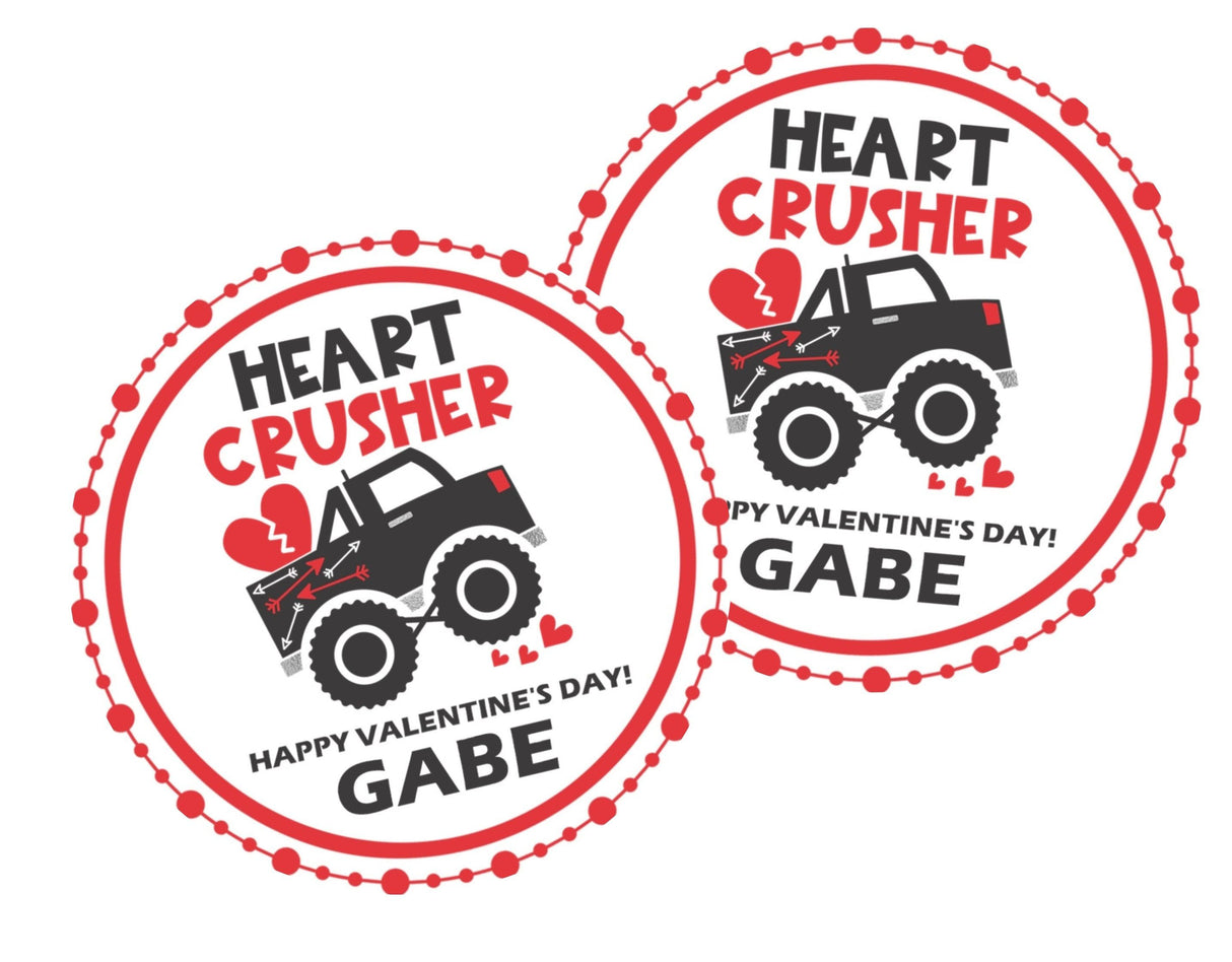 Red monster truck Valentine label