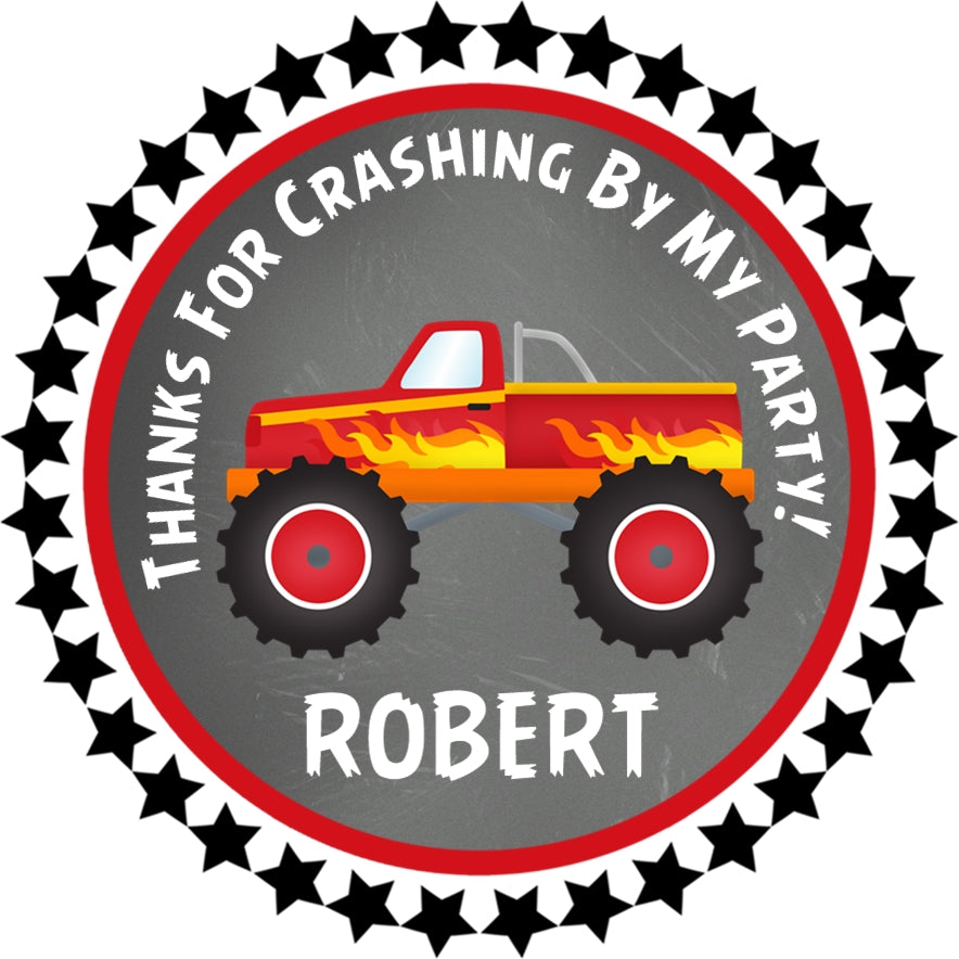 Red monster truck birthday party sticker favor labels