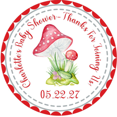 Red mushroom baby shower sticker with forest theme and watercolor design