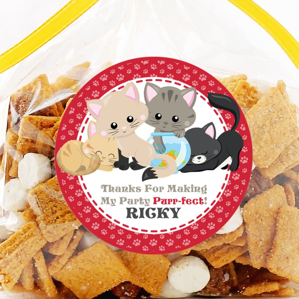 Red paw print kitten birthday sticker with four cats