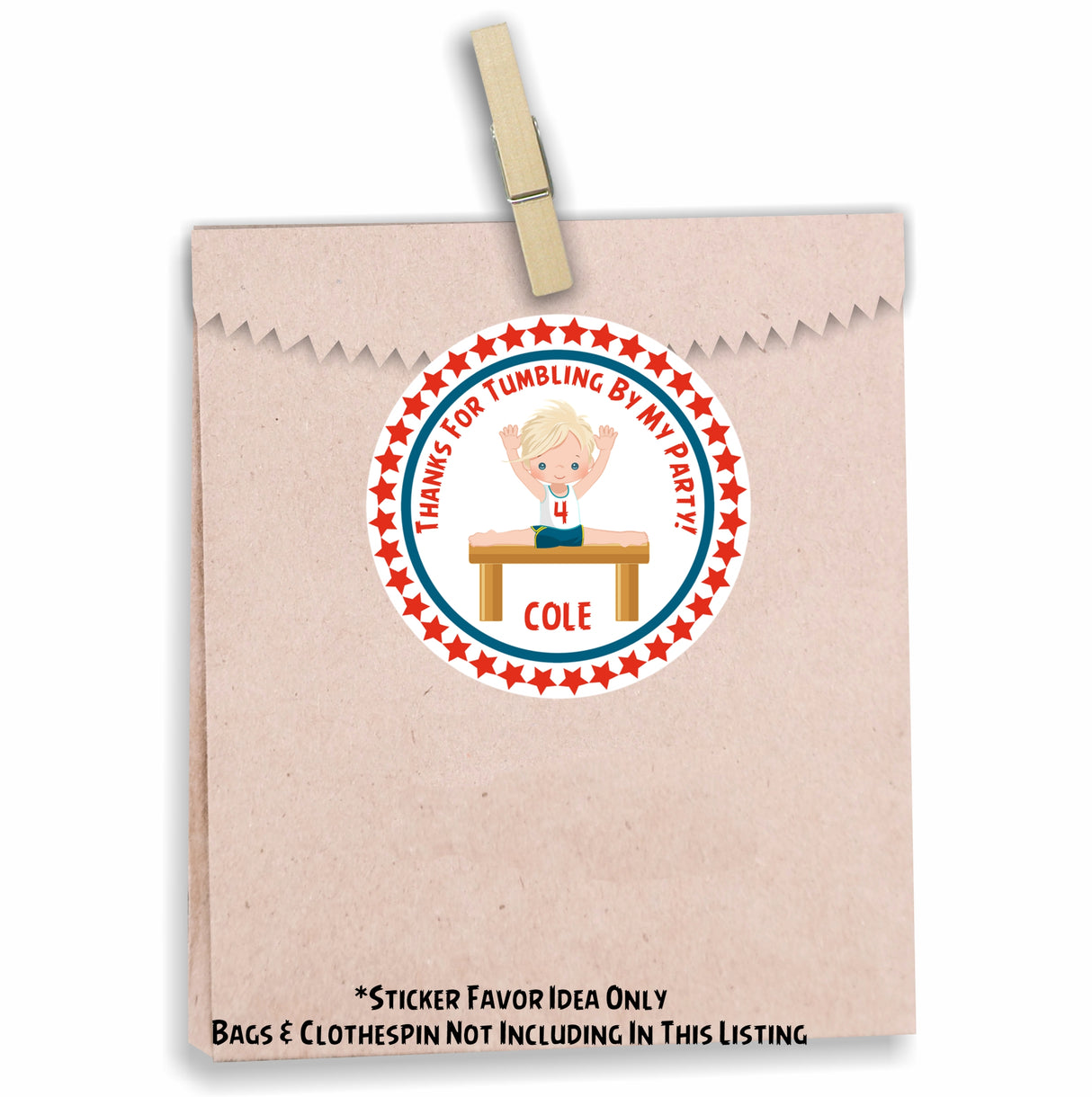 Red star gymnastics treat bag sticker with character choices