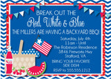 Red white and blue backyard BBQ July 4th invitation