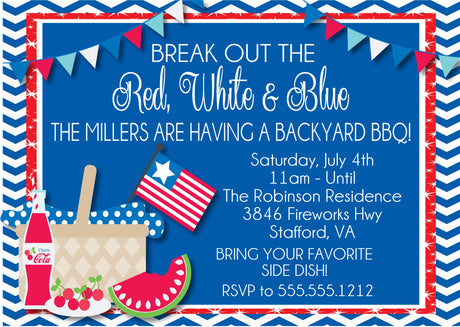 Red white and blue backyard BBQ July 4th invitation