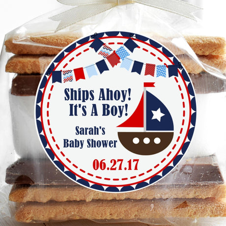 Red white and navy sailboat baby shower sticker
