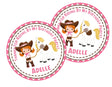 Redhead cowgirl and pony birthday sticker in pink and brown