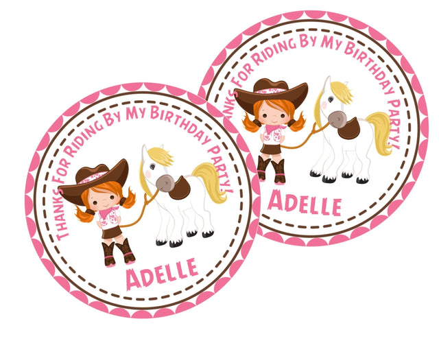 Redhead cowgirl and pony birthday sticker in pink and brown