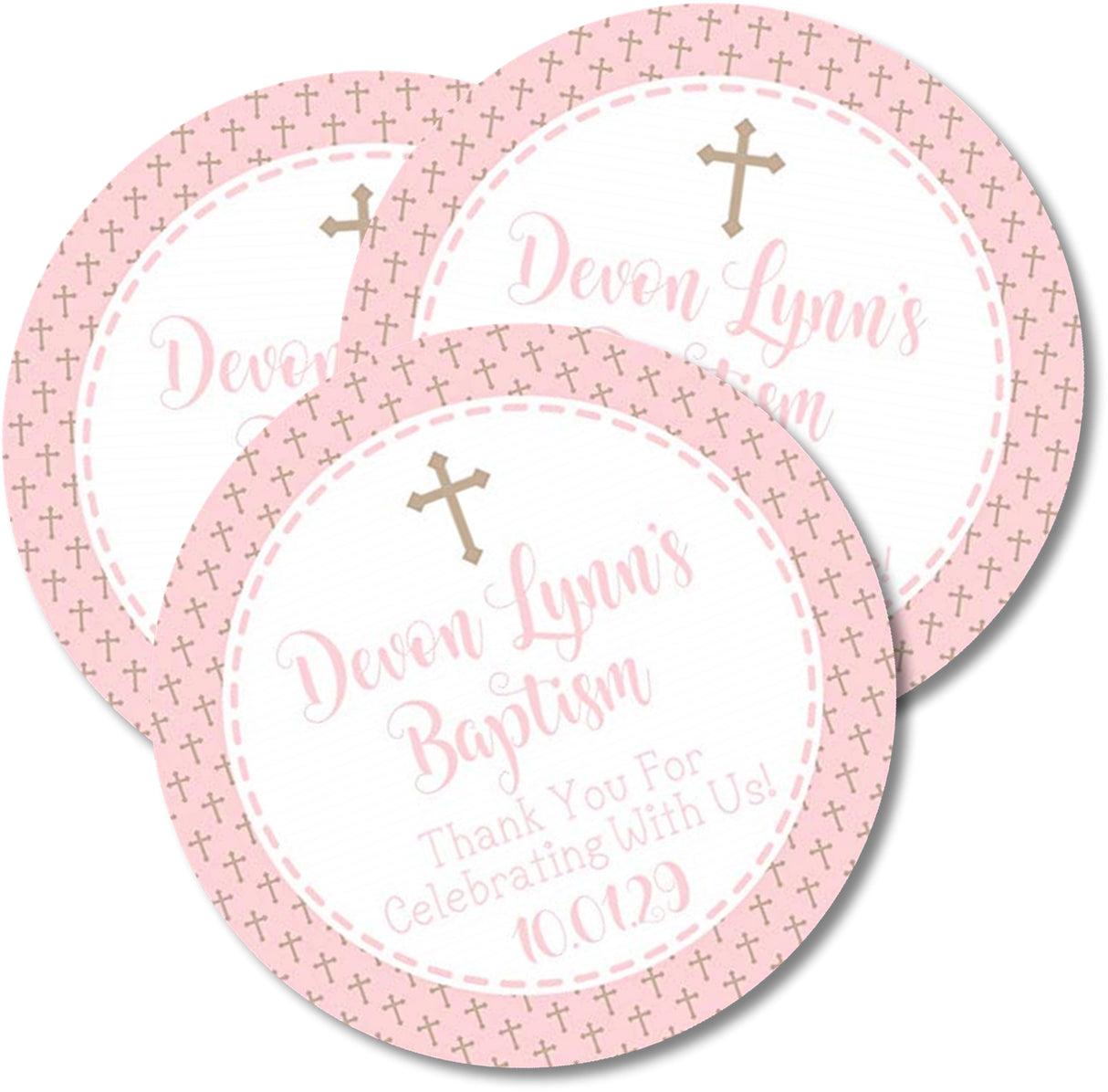Religious baptism favor label with pink flowers and cross