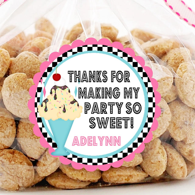 Retro diner ice cream sundae birthday sticker with pink scalloped border