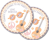 Retro sunglasses and acoustic guitar favor label design