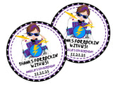 Rock and roll drummer birthday sticker with purple and blue drum set