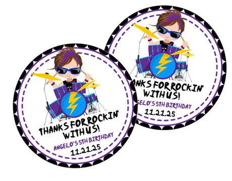 Rock and roll drummer birthday sticker with purple and blue drum set