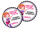 Rock and roll party favor label in pink and purple