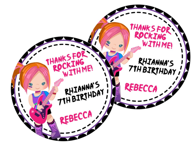 Rock and roll party favor label in pink and purple