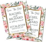Romantic watercolor floral save the date announcement with names, wedding date, and location.
