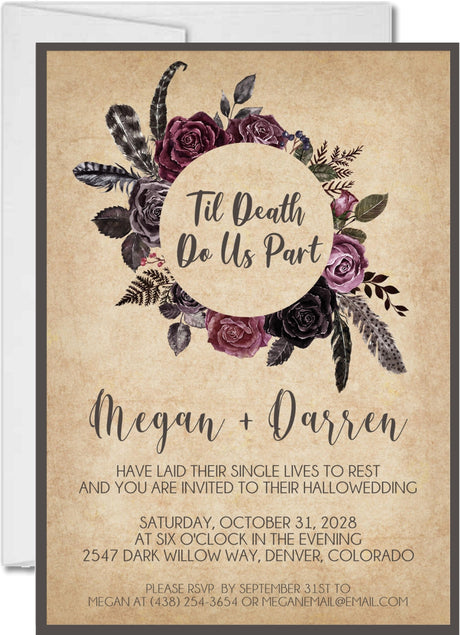 Romantic wedding invitation with dark floral accents and elegant vintage styling