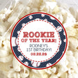 Rookie of the Year baseball birthday sticker in navy and red