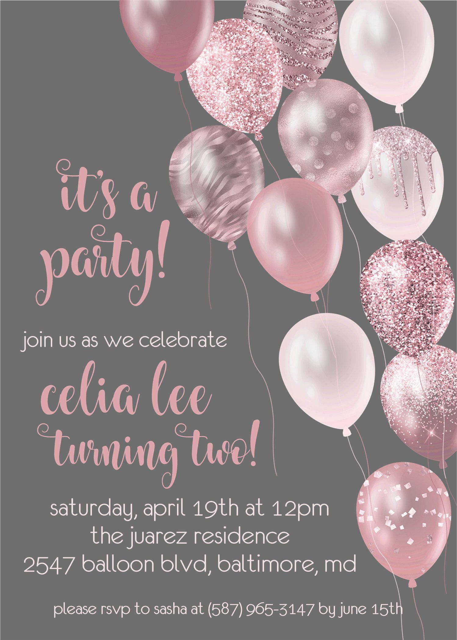 Rose Gold And Grey Balloon Birthday Party Invitations