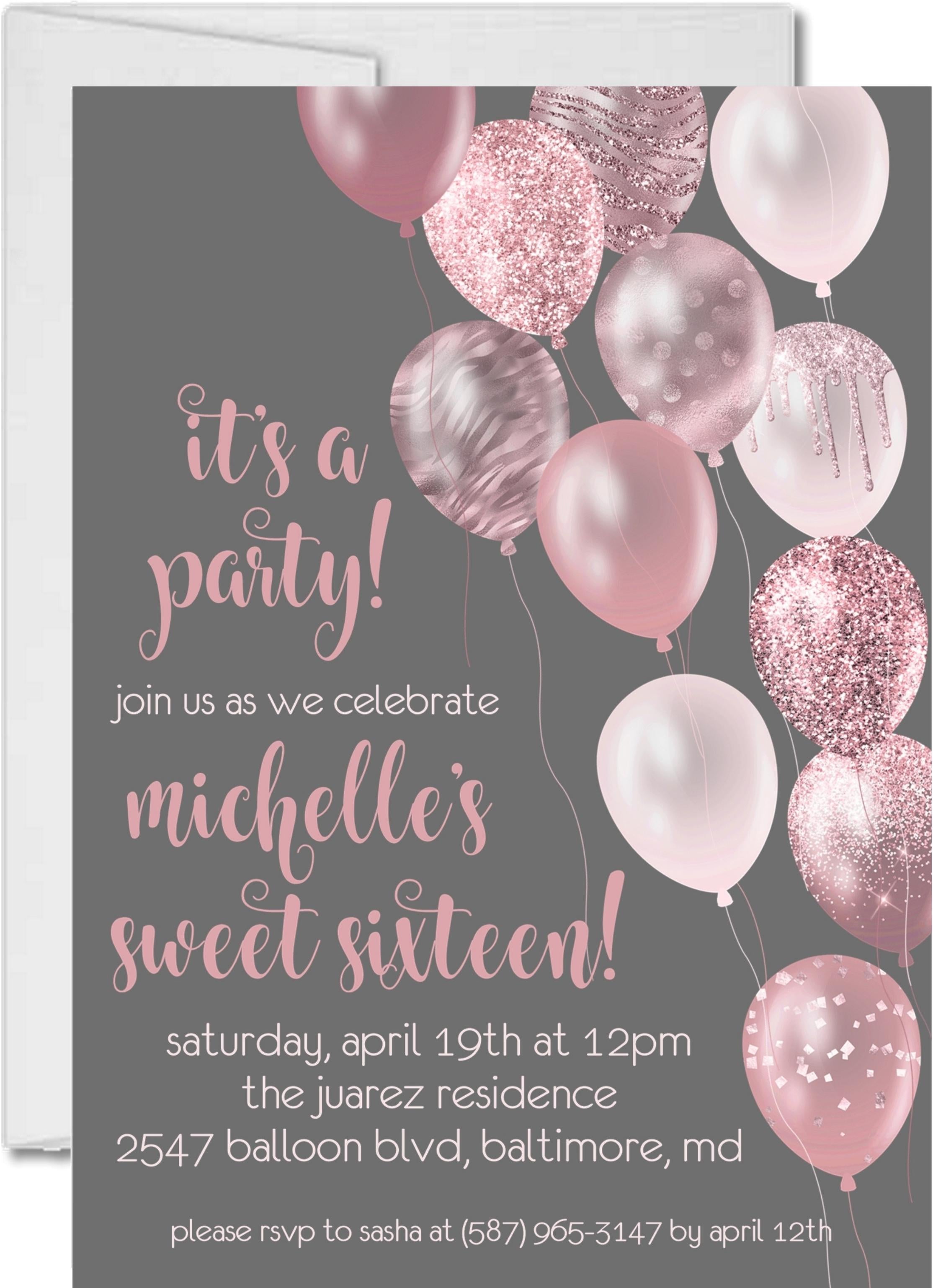 Rose Gold And Grey Balloon Sweet 16 Party Invitations
