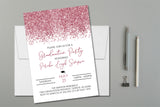 Rose gold confetti graduation party invitation on white background