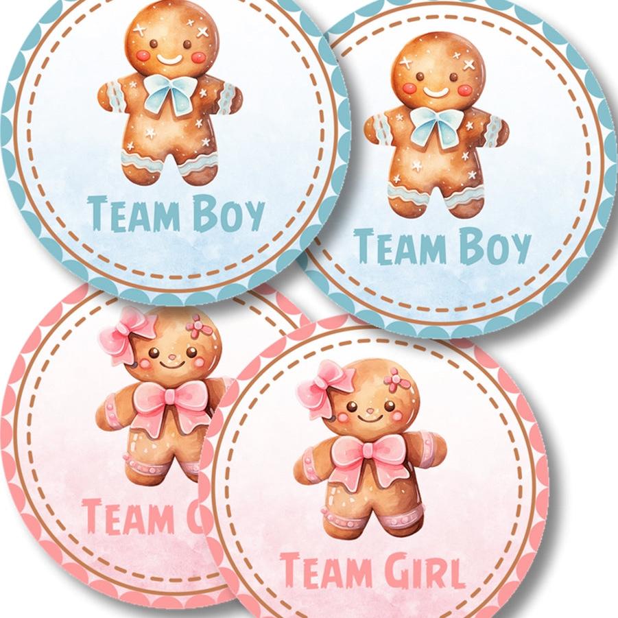 Round Team Boy and Team Girl gender reveal stickers featuring gingerbread characters
