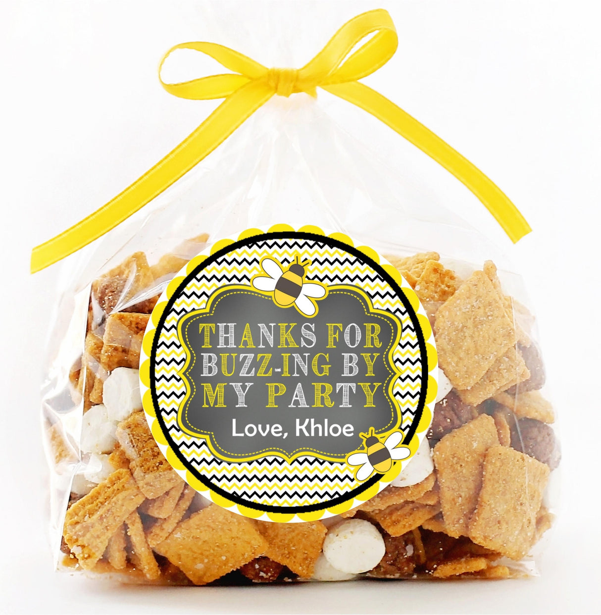 Round bee party sticker with scalloped edge and chevron background