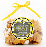 Round bee party sticker with scalloped edge and chevron background