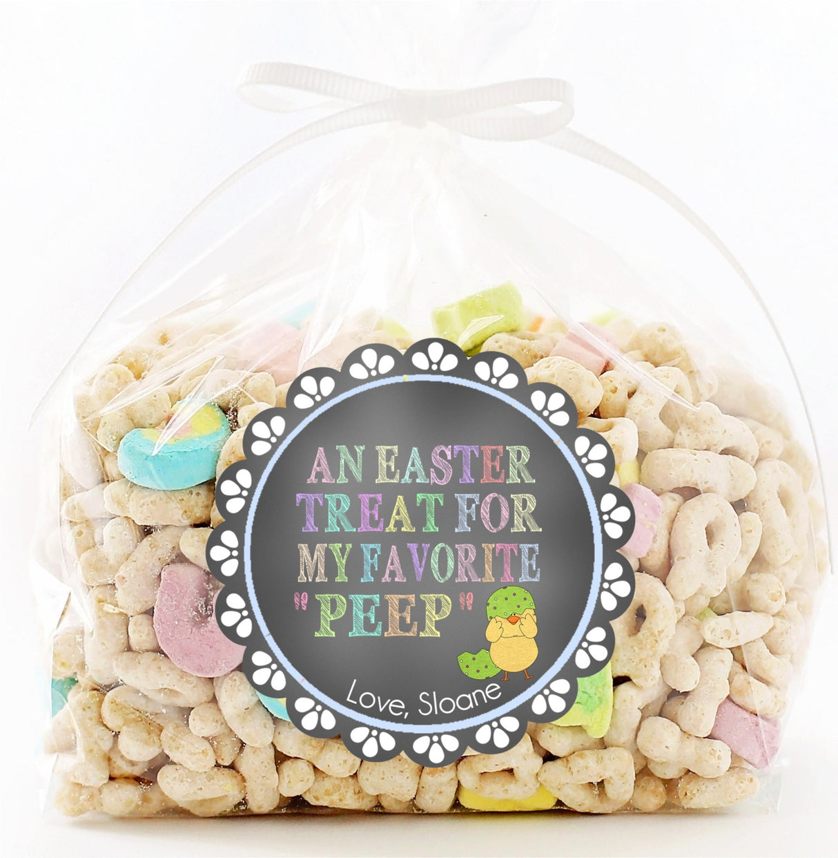 Round chalkboard Easter sticker with chick and pastel text