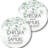 Round eucalyptus wedding stickers for favors, envelopes, gifts, and wedding stationery.
