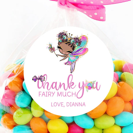Round fairy birthday sticker with personalized name and fairy artwork
