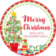 Round holiday sticker featuring a potted Christmas tree with ornament details