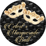 Round masquerade ball party favor sticker in gold and black