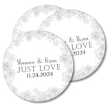 Round winter wedding envelope seal with snowflakes