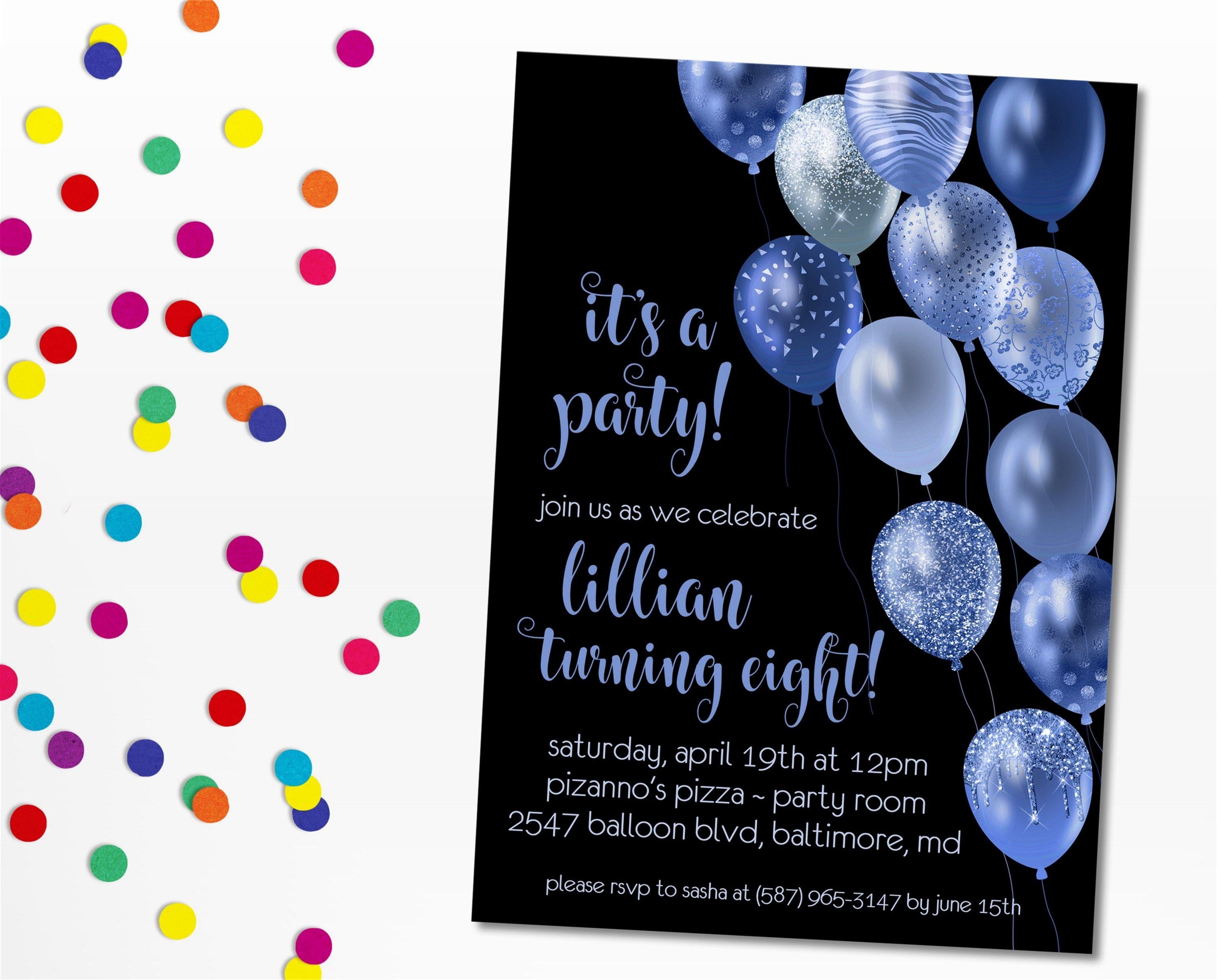 Royal Blue And Black Balloon Birthday Party Invitations