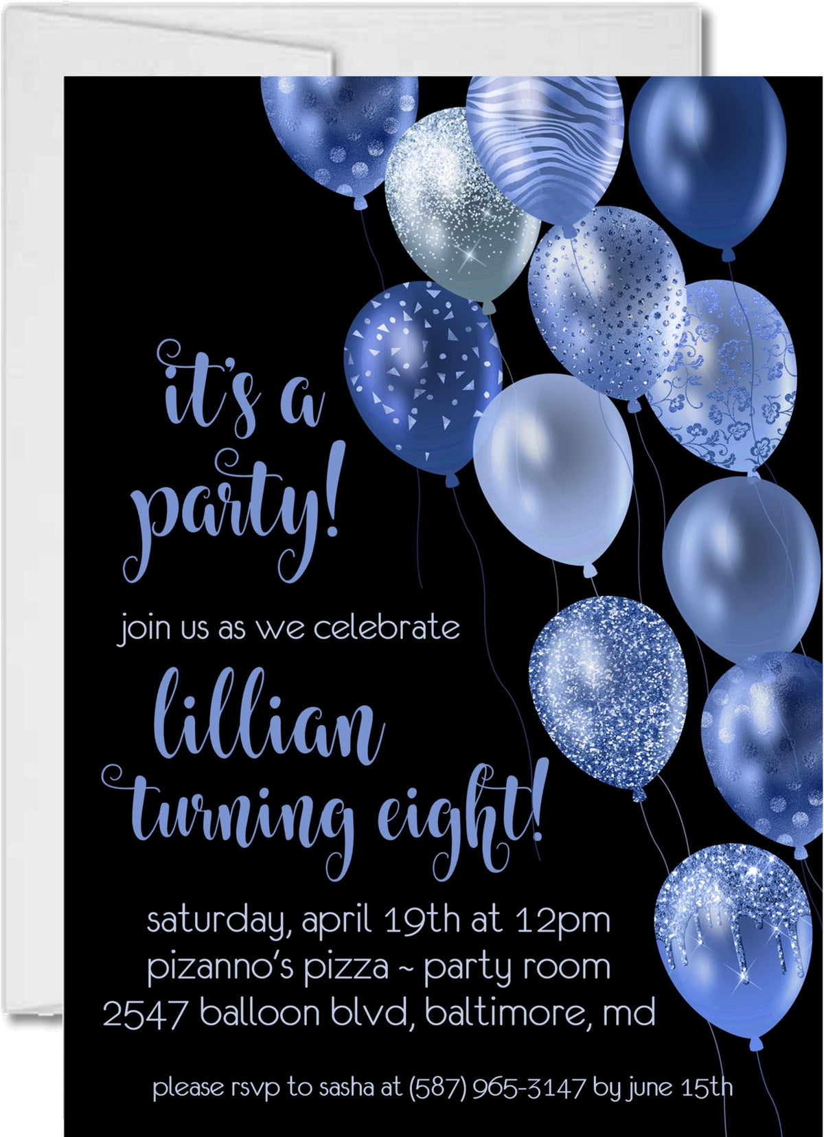 Royal Blue And Black Balloon Birthday Party Invitations — Party Beautifully