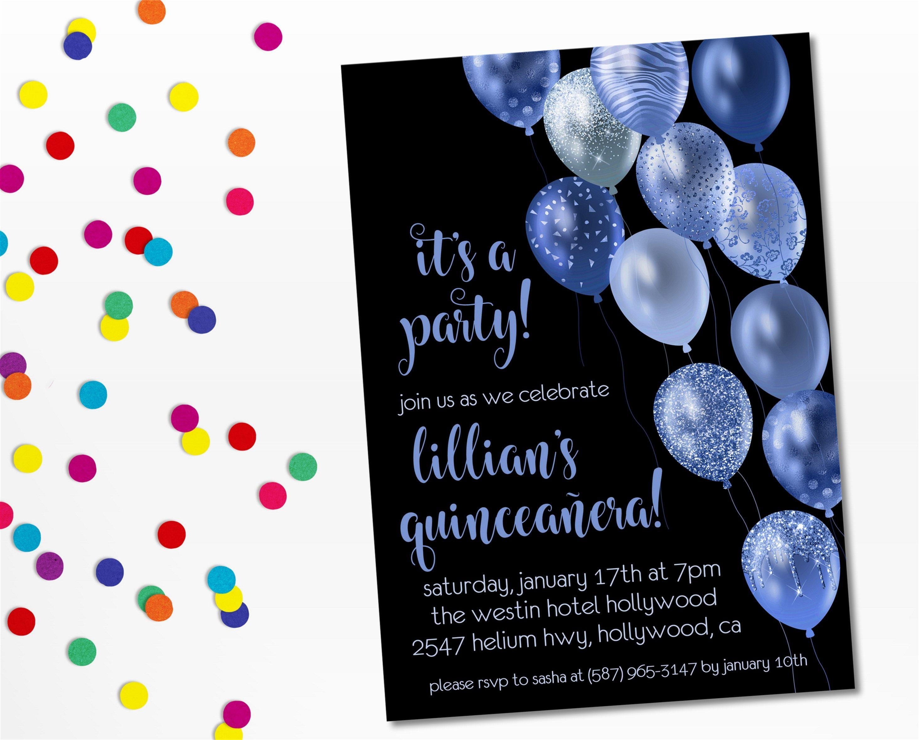 Royal Blue And Black Balloon Quinceanera Invitations