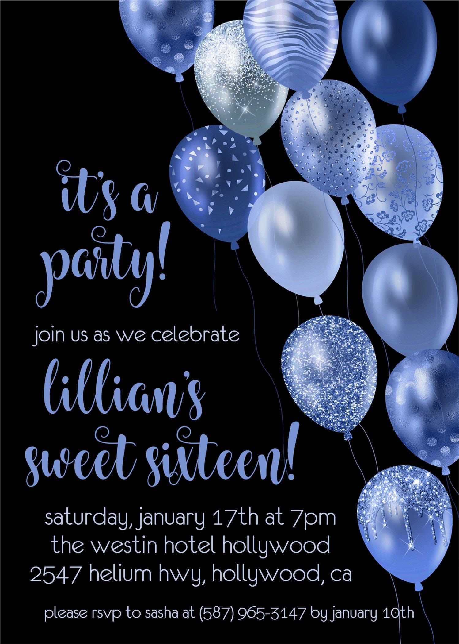 Royal Blue And Black Balloon Sweet 16 Party Invitations