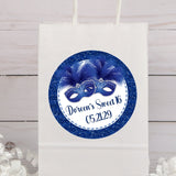 Royal blue masquerade mask sticker with printed glitter border