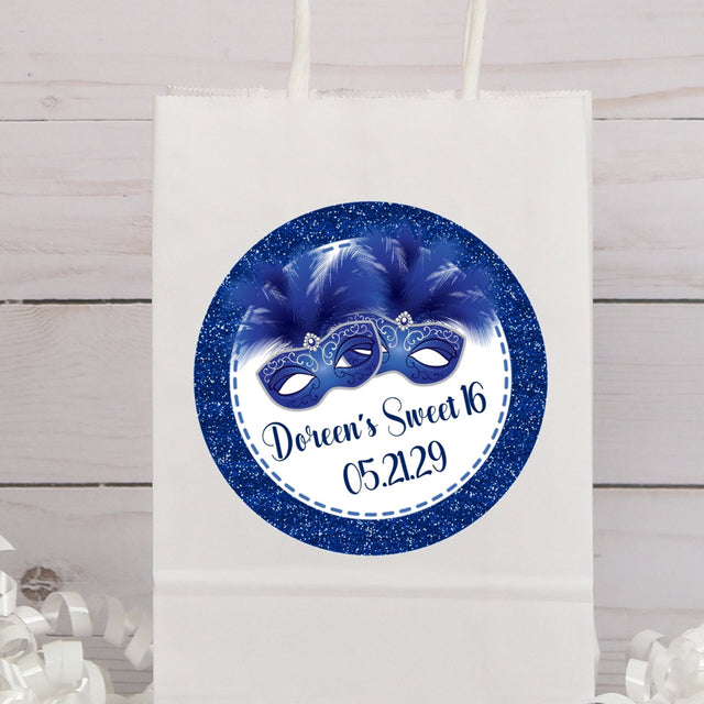 Royal blue masquerade mask sticker with printed glitter border