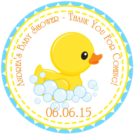 Rubber duck baby shower sticker with bubbles and blue accents