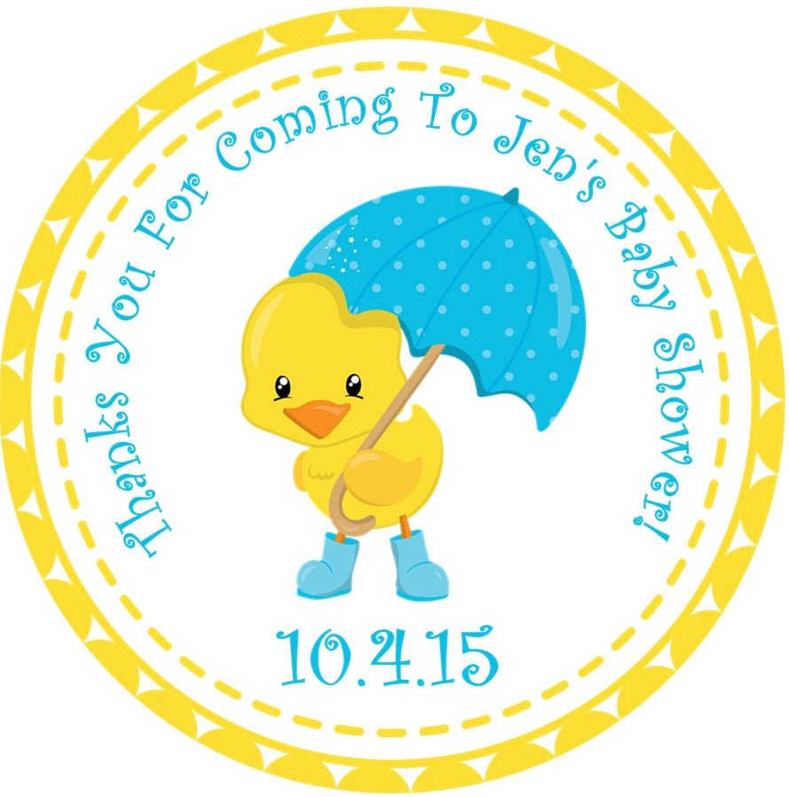 Rubber duck baby shower sticker with umbrella and blue accents