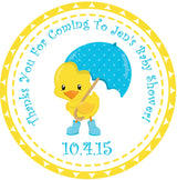 Rubber duck baby shower sticker with umbrella and blue accents